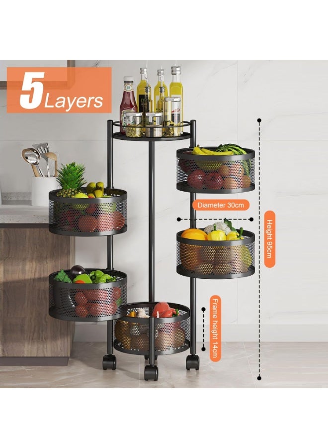 5-tier vegetable rack, made of rust-resistant metal; 360-degree rotating kitchen organizer basket; round carbon steel storage rack; black wheeled storage trolley; no fruit basket required; side storage shelf - black - Image 2